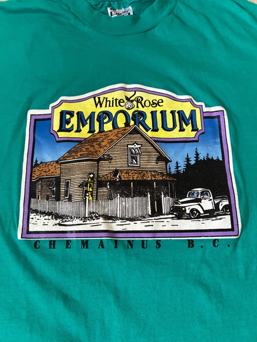 Vintage 90s Hanes Beefy White Rose Emporium Chemainus B.C. Graphic Tee - Picture 2 of 4